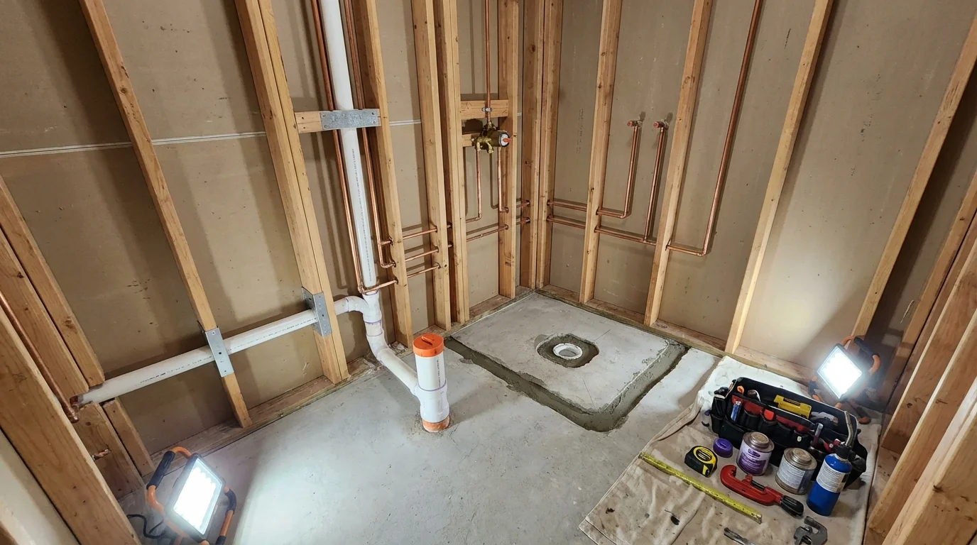 Bathroom rough-in plumbing during remodel by Johns Plumbing LLC in Cameron