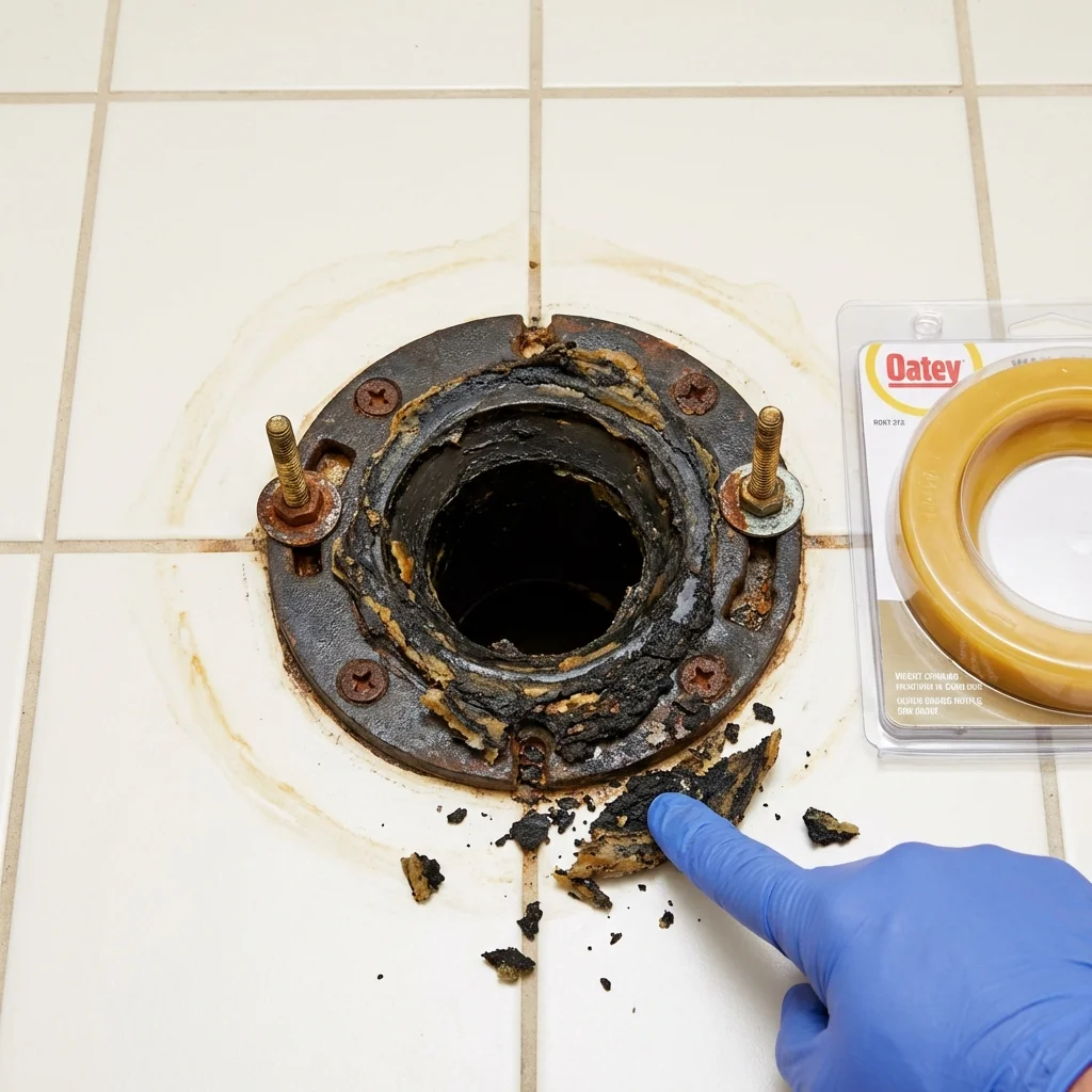 Failed wax ring showing water seepage at the base of a toilet in a Cameron, TX home