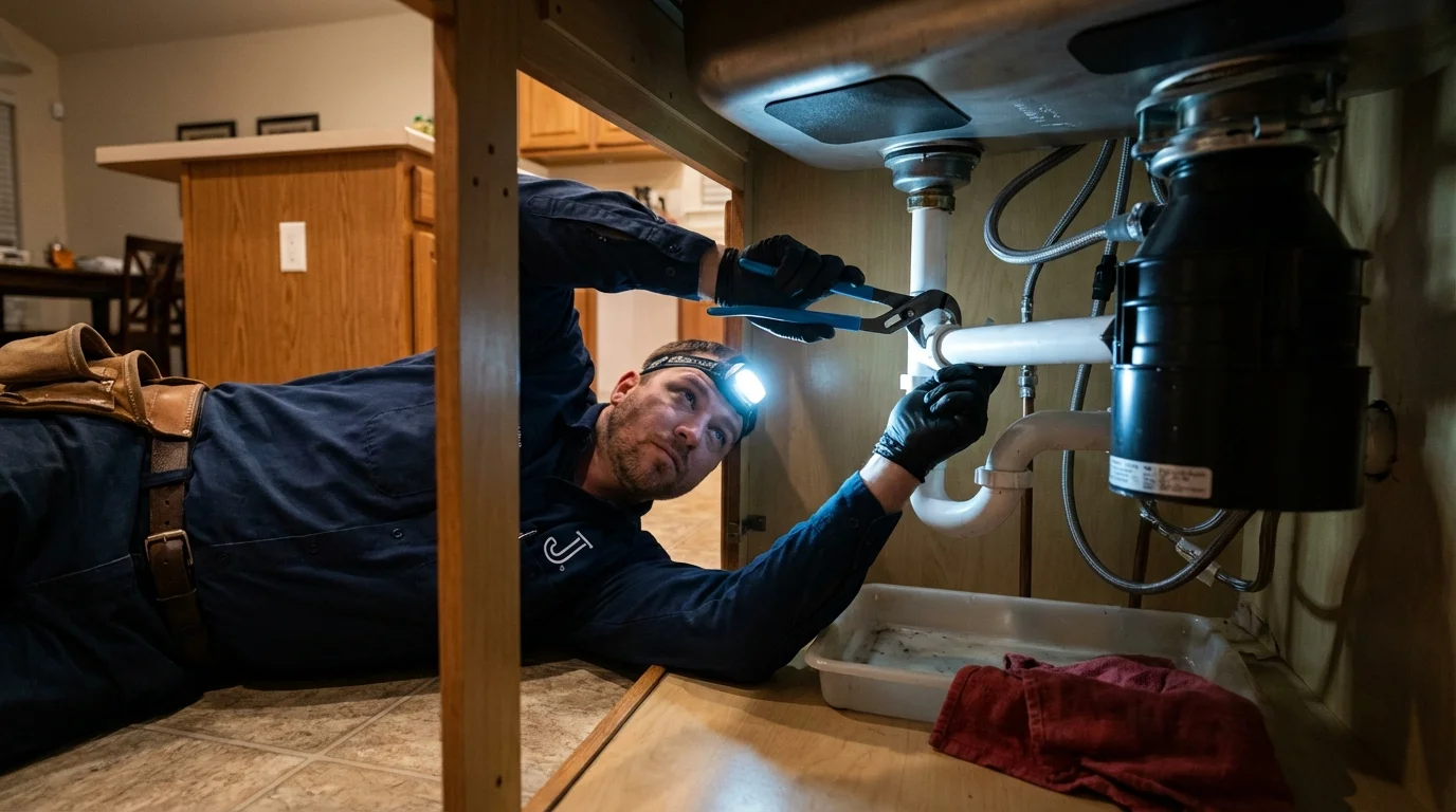 P-trap and supply line connections under a kitchen sink showing a common leak point in Cameron, TX
